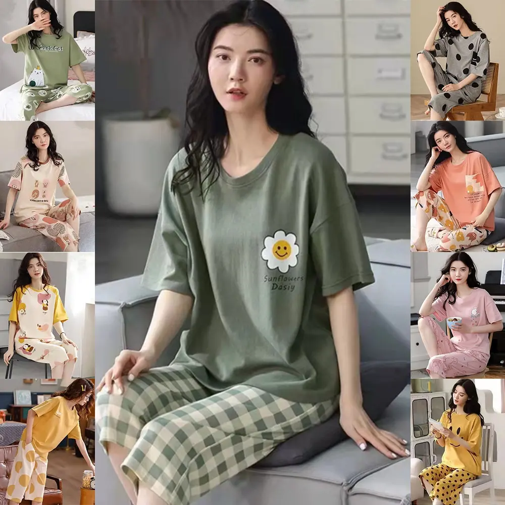 Quần Áo Mặc Nhà In Hình Hoạt Hình, Thời Trang, Quần Cropped Ngắn Tay Ngoại Cỡ M-5XL Cho Nữ, Áo Áo Chui Đầu Cổ Tròn, Quần Cropped Eo Dáng Rộng Đồ Ngủ In Hình 2 Chiếc