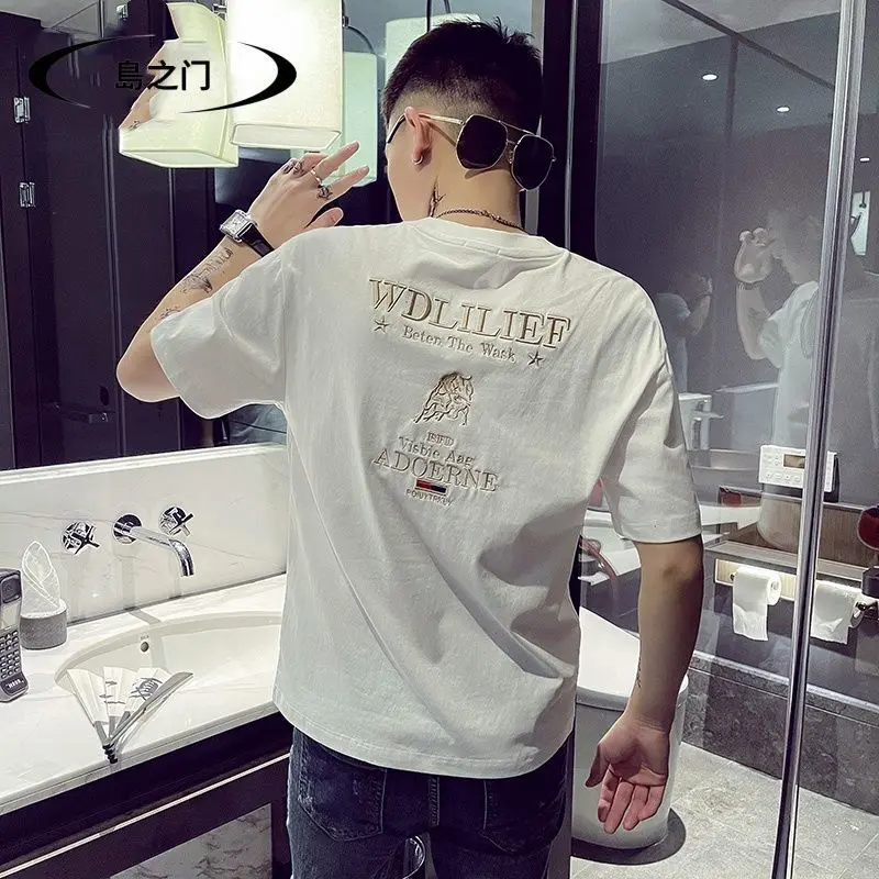 Áo Thun Ngắn Tay Cotton Chải Kỹ Màu Đen, Thời Trang Phổ Biến Của Nam Giới, Áo Sơ Mi Tay Lửng Đẹp Trai, Áo Thun Người Nổi Tiếng Trên Internet Mới, In Hợp Xu hướng, Năm 2025