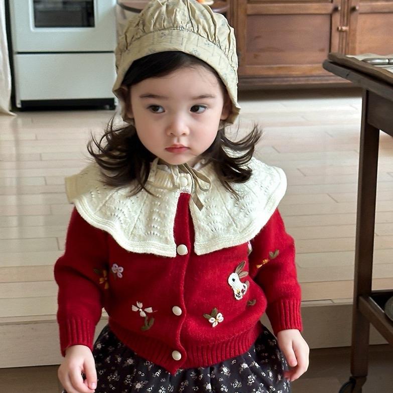 Áo cadigan Đỏ Đô cổ bèo thêu thỏ hoa mặc Thu Đông, Noel, Tết bé gái (không kèm chân váy) áo  khoác