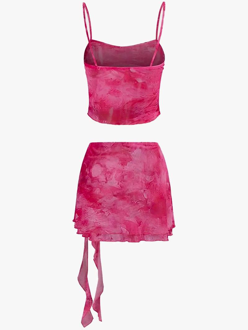 Product Introduction of Women's Tie Dye Print Bow Decor Crop Cami Top & Split Hem Tiered Layer Skirt Two-piece Set, Sexy Spaghetti Strap Crop Top & Ruffle Trim Skirt, Ladies Summer Clothes for Holiday Vacation Valentine's Day, gift 9