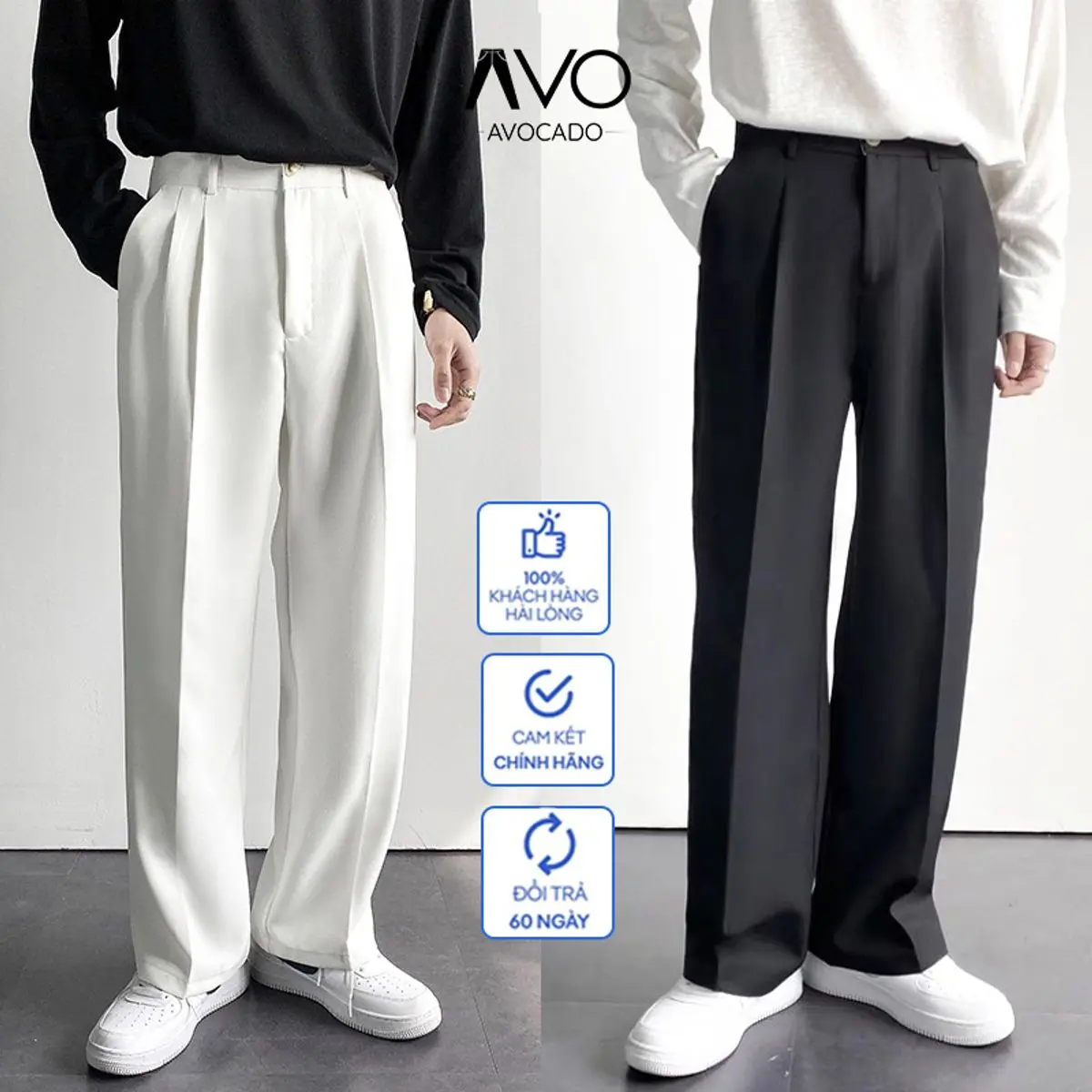 Quần Âu Tây Nam Ống Suông cạp cao Rộng dáng Suông Phong Cách Hàn Quốc phối lưng thun Avocado Menswear Đen +Trắng