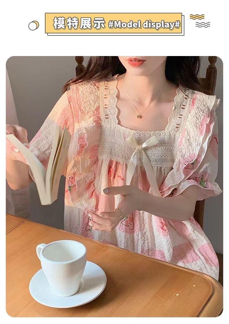 Product Introduction of Bộ đồ ngủ bằng vải bông mùa hè của phụ nữ Dễ thương Patrick Ngôi sao ngắn tay ren trang trí bong bóng Nếp nhăn Mục vụ Loungewear hai mảnh Áo 17