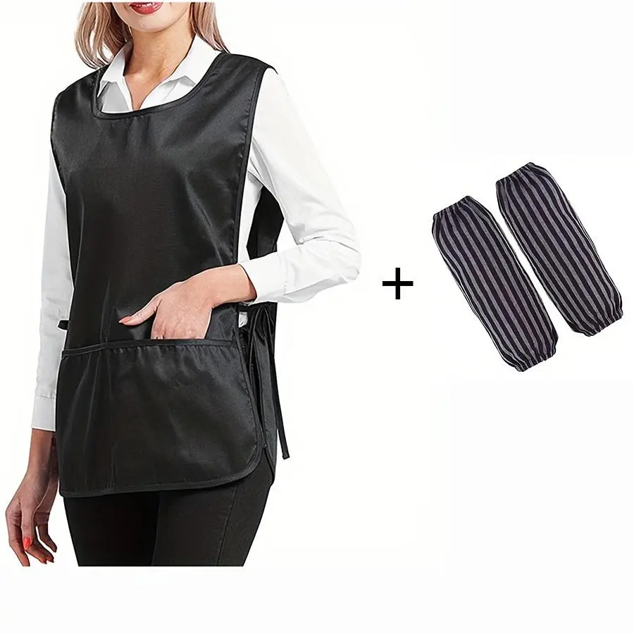 Waterproof Apron with 1 Pair Sleeves, 1 Count Adjustable Apron with Pockets & Side Ties, Perfect Work Smock for Chef, Kitchen, Cleaning, Painting