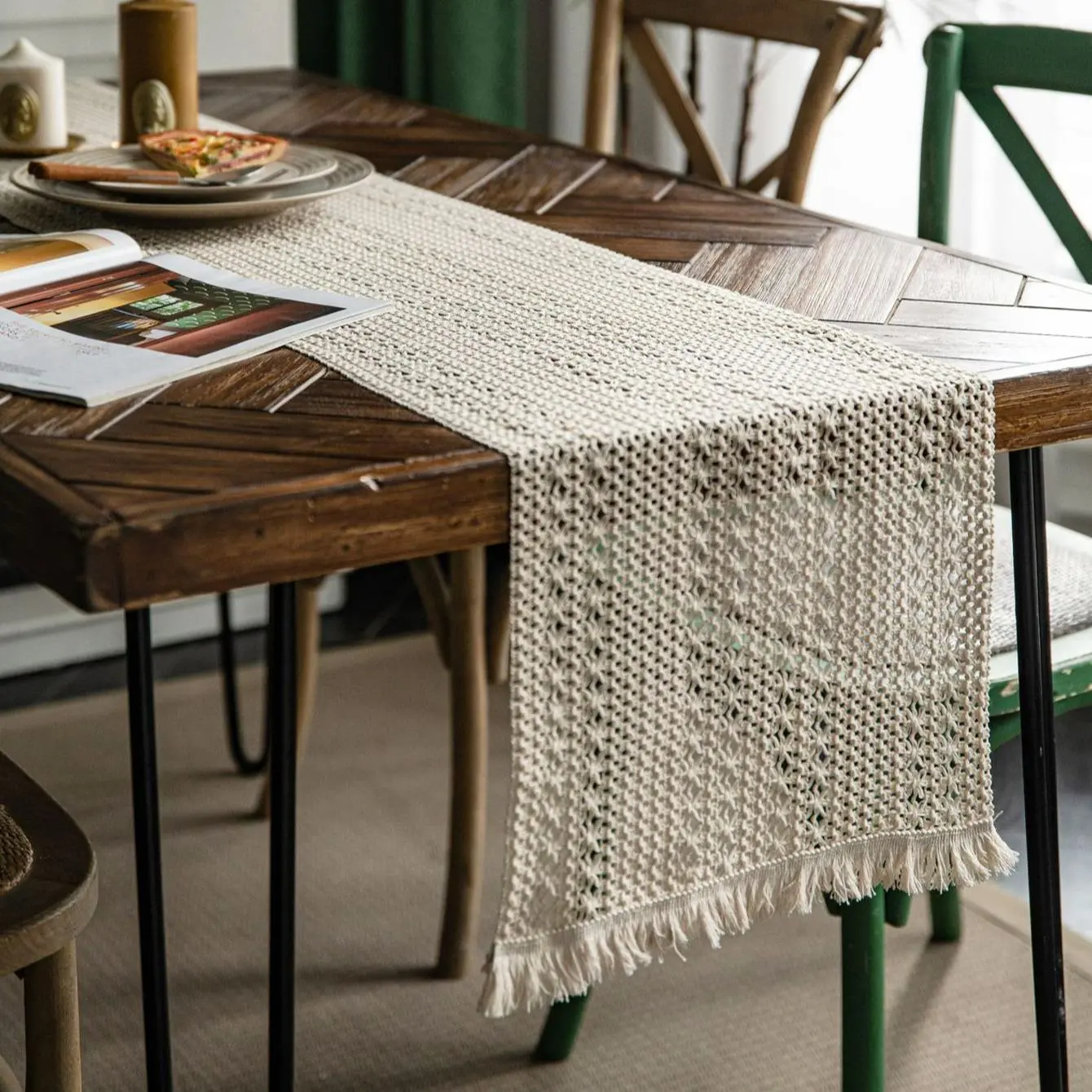 Tassel Decor Hollow Out Table Runner, 1 Count Boho Table Cloth For Dining Room Kitchen Home Decor