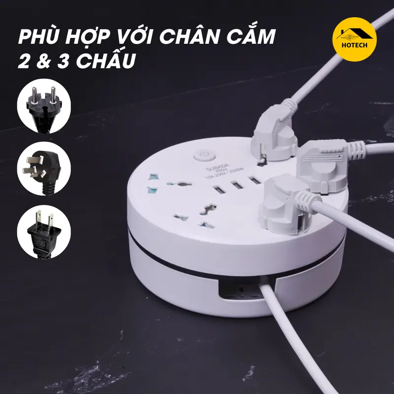 Ổ Điện Đa Năng Dây Rút Chống Giật An Toàn Hotech Chịu Tải 2500W 3 Cổng Usb Tiện Lợi Dây Dài 1,9 - 3,8M Quấn Gọn OD18H 2