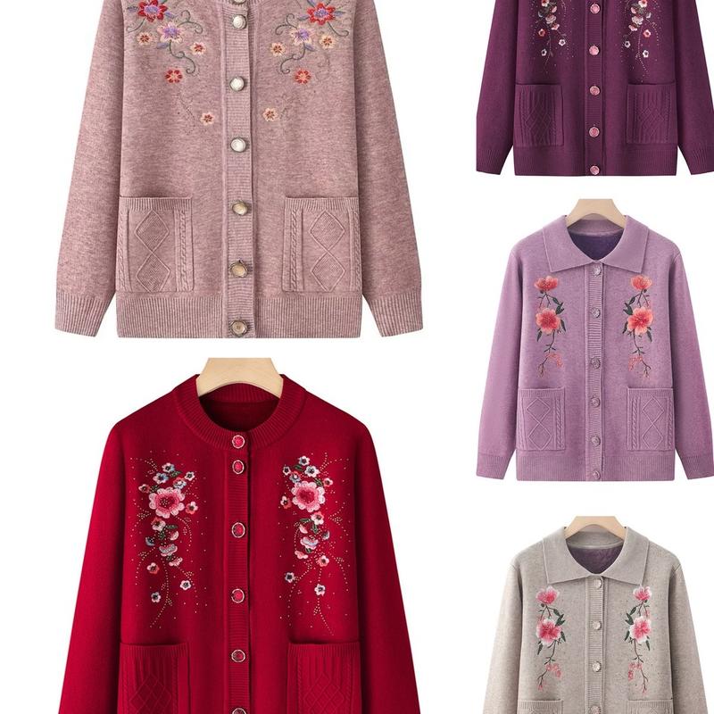 Áo khoác len trung niên nữ lót lông tho dày ấm cài cúc thêu hoa chất liệu len dệt kim mềm mịn, quà xinh tặng bà tặng mẹ  Nhung