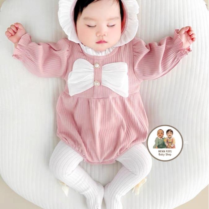 Quần Áo Trẻ Em Sét 3 Chi Tiết Body + Mũ + Quần Tất Chất Len Tăm Phối Nơ Thời Trang Thu Đông Cho Bé Gái Từ 4-12kg