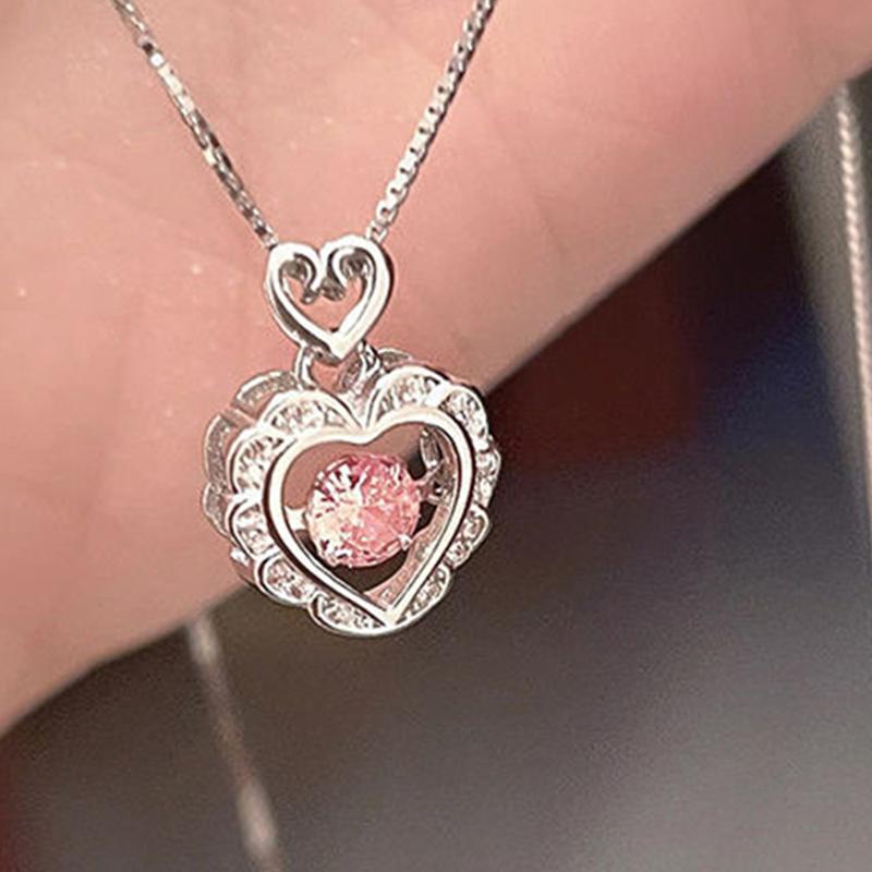Korea Pink Crystal Pendant Heart Necklace For Women Girls Ins Niche Design Sweet Versatile 4