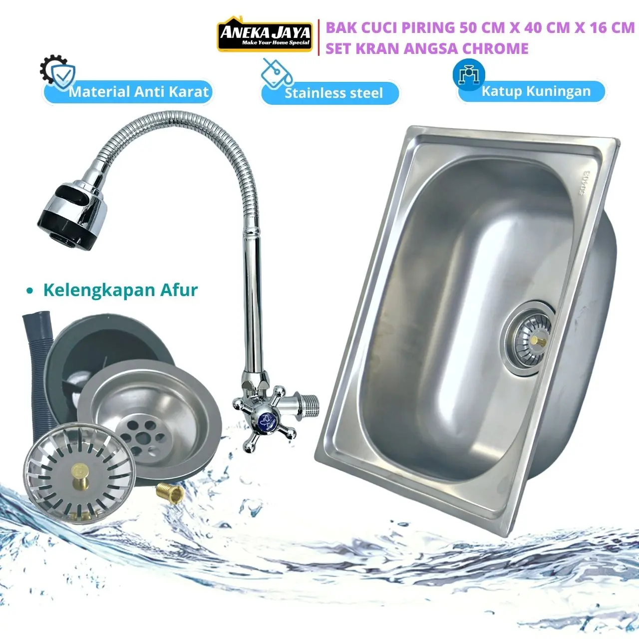 Paket Bak Cuci Piring Free Afur + Kran Fleksibel Cuci Piring Kitchen Sink 50 x 40 Cm Material Stainlees Tebal Anti Karat