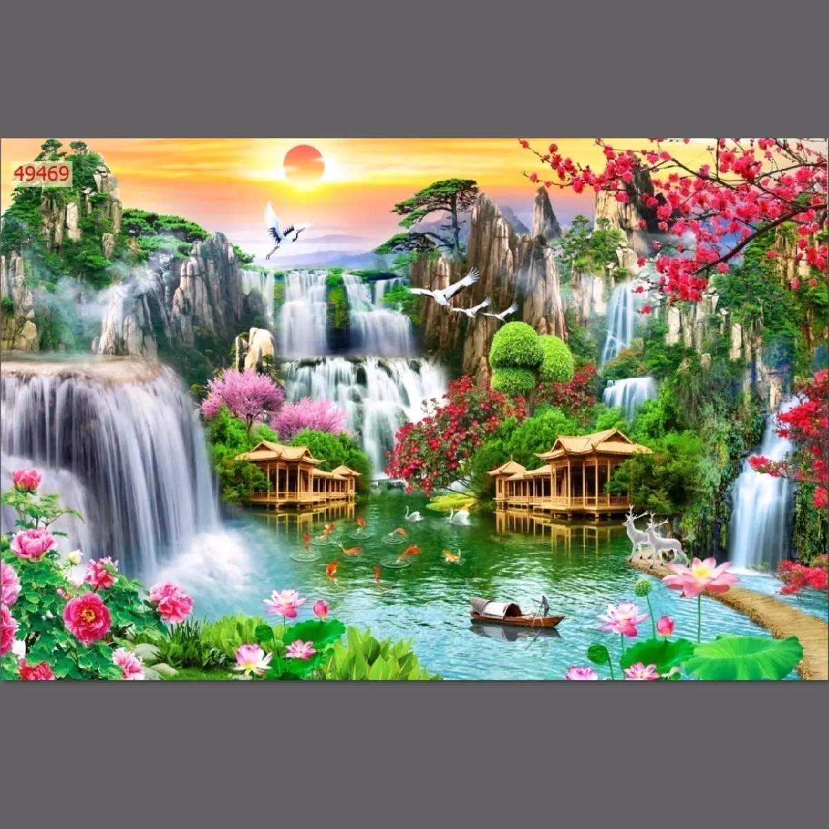Tranh vải lụa dán tường 3D Sơn Thủy Hữu Tình (shop sẽ gửi kèm keo dán)