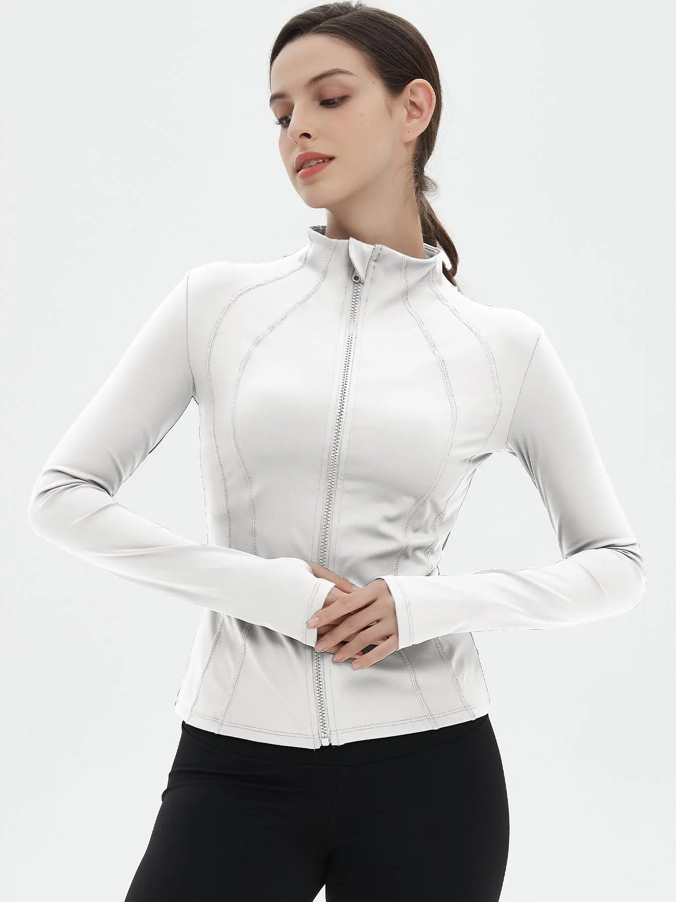 Women's Solid Thumb Hole Zip Up Mock Neck Jacket, Casual Long Sleeve  Jacket for Outdoor Sports, Ladies Clothes for All Seasons