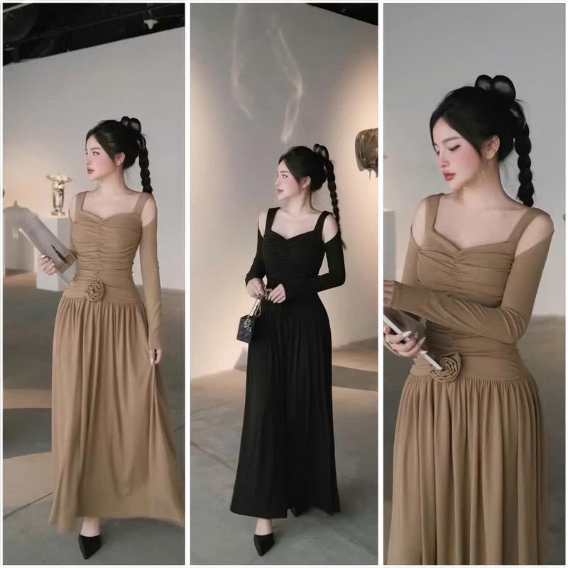 Đầm Body Dáng Dài Xòe Dễ Thương Cách Điệu Hở Vai Dài Tay Nhún Thân Phối Hoa Hông Xinh Xắn Chất Thun Ladong Cho Các Nàng Đi Tiệc Đi Chơi O Nữ Women Dress