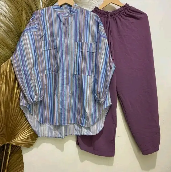 setelan salur ungu Katun