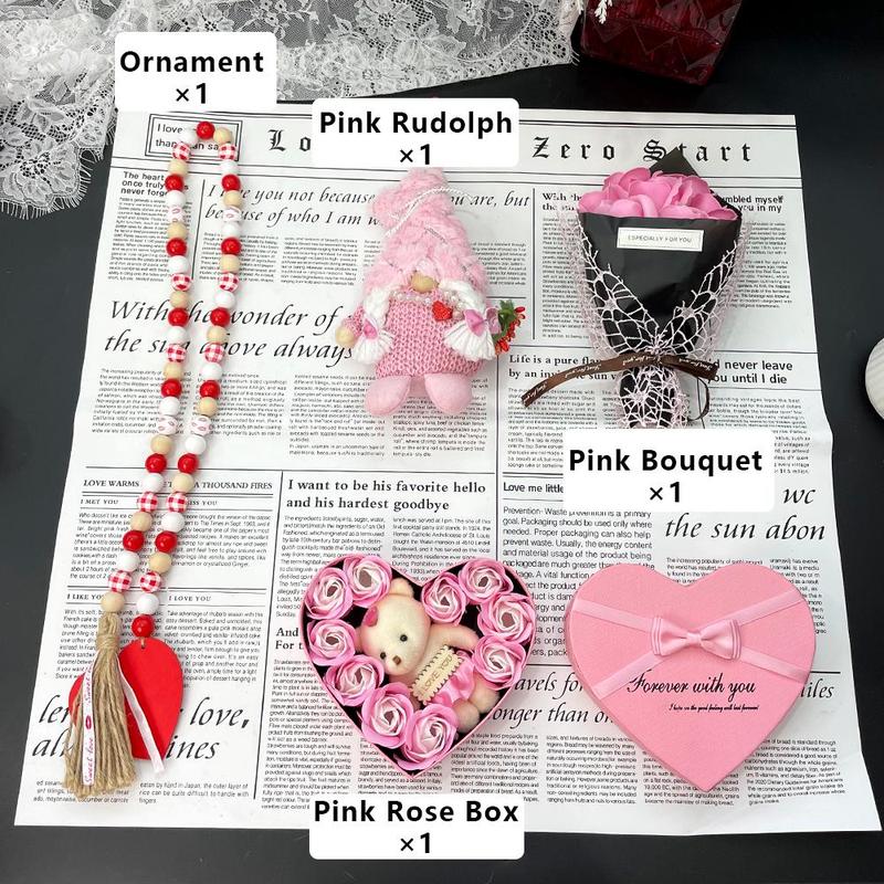 Product Introduction of Valentine's Day Gift Box, 1 Set Including Wooden Bead Necklace, Gnome Doll, Rose Bouquet & Bear Gift Box, Gifts for Women, Mother's Day Gift 5
