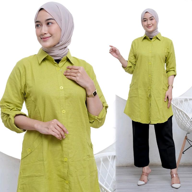 Tuni Polos Katun Linen Adem  Model Kekinian Kancing Nyaman Panjang Muslim tunik oversize 4