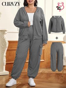 CURVZY Plus Size Two-Piece Set Gingham Print Zipper Drop Shoulder Jacket & Pocket Pants, Casual Long Sleeve Hooded Outerwear & Trousers for Daily Wear, Women's Two-piece Outfits for Spring & Fall