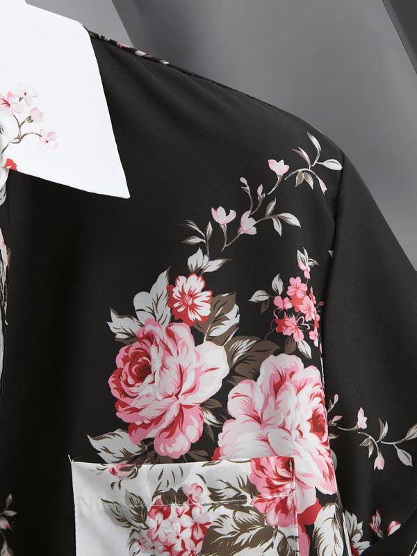 Men's Colorblock & Floral Print Button Front Shirt, Loose Casual Pocket Short Sleeve Top for Summer, Summer Clothes, Men's Clothes for Daily Wear, Menswear 2
