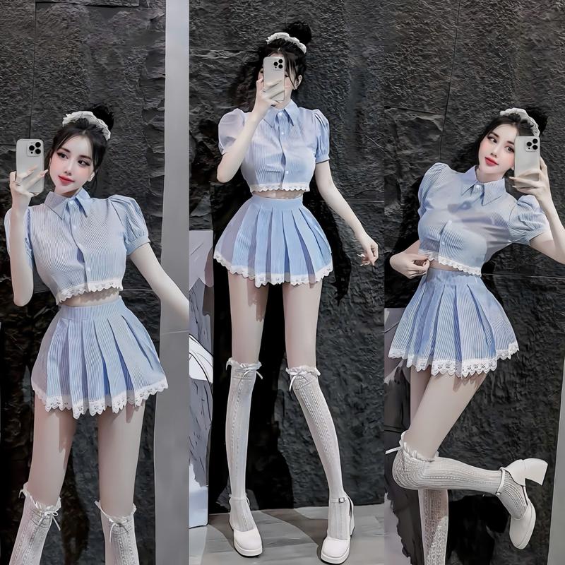 Set Sơ Mi Thêu Chữ Thiết Kế Tay Phồng Mĩ Chân Váy Xếp Li Phối Ren Sành Điệu Cho Nữ - Áo Nữ - Women Top