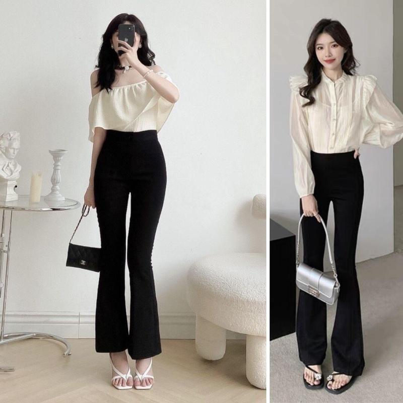 Quần Ống Loe Nữ Lưng Cao Legging Ôm Body Dáng Dài Hách Dáng QC Pants Denim Ong Đen Nhung Women 【cropped pants l thường phong cách y2k