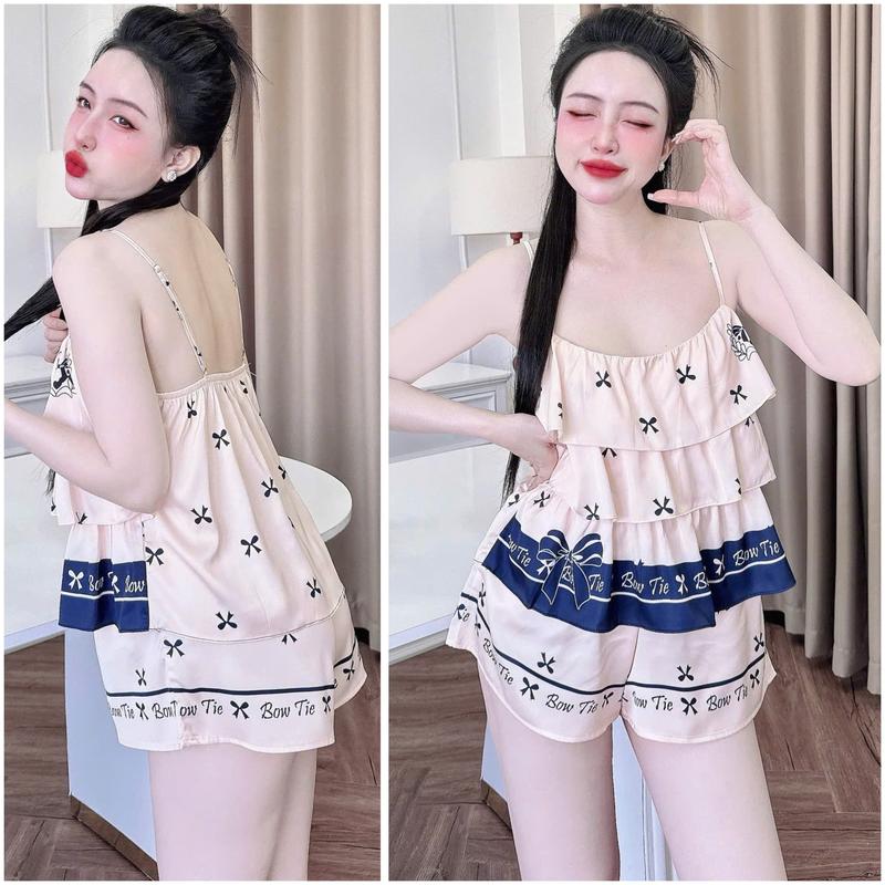 Bộ đồ ngủ đùi nữ áo 2 dây họa tiết thiết kế 3 tầng xinh xắn chất liệu lụa latin mịn mát freesize dưới 60kg My STORE 8