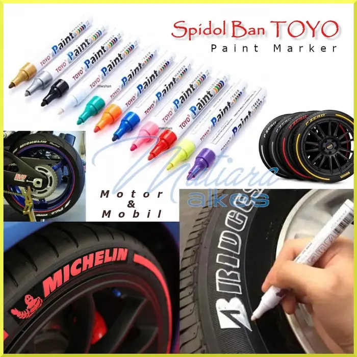 SPIDOL BAN Sepeda MOTOR MOBIL TOYO ORI PERMANENT TERMURAH WARNA LENGKAP PEN CAT MERAH PUTIH BIRU KUNING ABU HIJAU UNGU PINK GOLD PEWARNA CAT BAN PERMANENT TERMURAH TOYO PAINT PAINTING RUBBER RUB