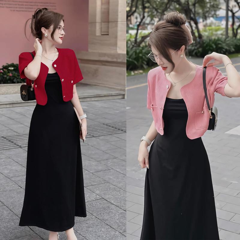 Set Váy Đầm Body 2 Dây Bigsize 45-85kg Chất Thun Tăm Kèm Áo Khoác Tay Ngắn Chất Linen Béo Xinh Dịp Tết Noel Women Top váy tiệc