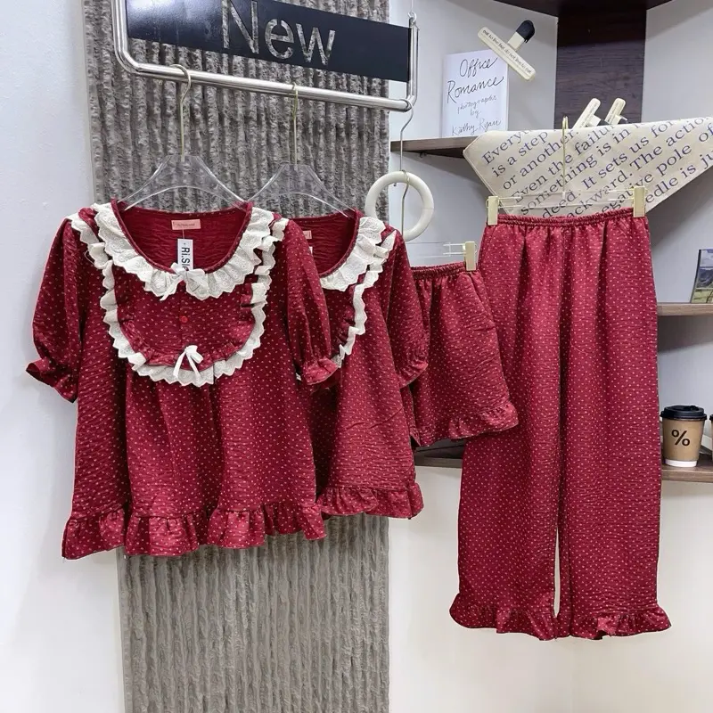 A01 Bộ Đũi Hàn Cao Cấp Mặc Nhà Cổ Ren Nơ Cộc Tay,Bộ Pijama Tiểu Thư