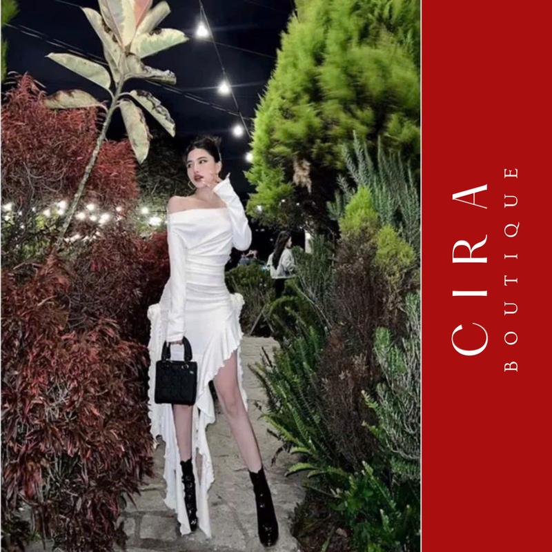 Đầm Trễ Vai Body Tua Rua Phong Cách Quyến Rũ Cira Boutique C0762 - Chất Thun hongkong Co Giãn 4 Chiều - Size S/M/L/XL - Màu Trắng/Đen - Nữ, Women Dress Tre