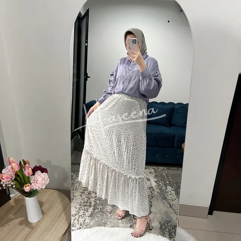 Haseena Rok Susun Rempel Plisket Zeina Motif Bintik Tabur | Bawahan Wanita Muslim Motif Polkadot Emas Mini Tabur Skirt Ruffle Panjang Jumbo 3