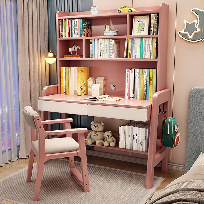 {Sg Sales} Study Table with Bookshelf Writing Desk Solid Wood Children's Study Desk Desk Bookshelf Integrated Desk Home Nordic Student Writing Desk Study table Desk with Bookshelf 3