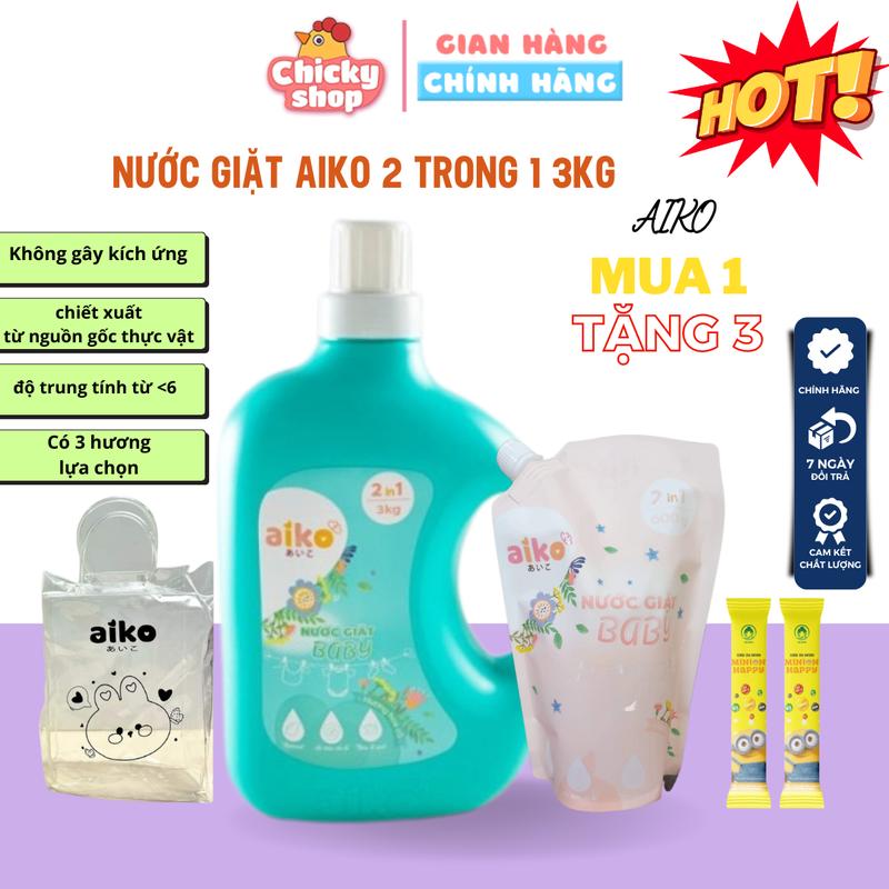 Nước giặt baby Aiko 2in1 chiết xuất từ thực vật thơm và sạch 3 mùi lựa chọn, dung tích 3L