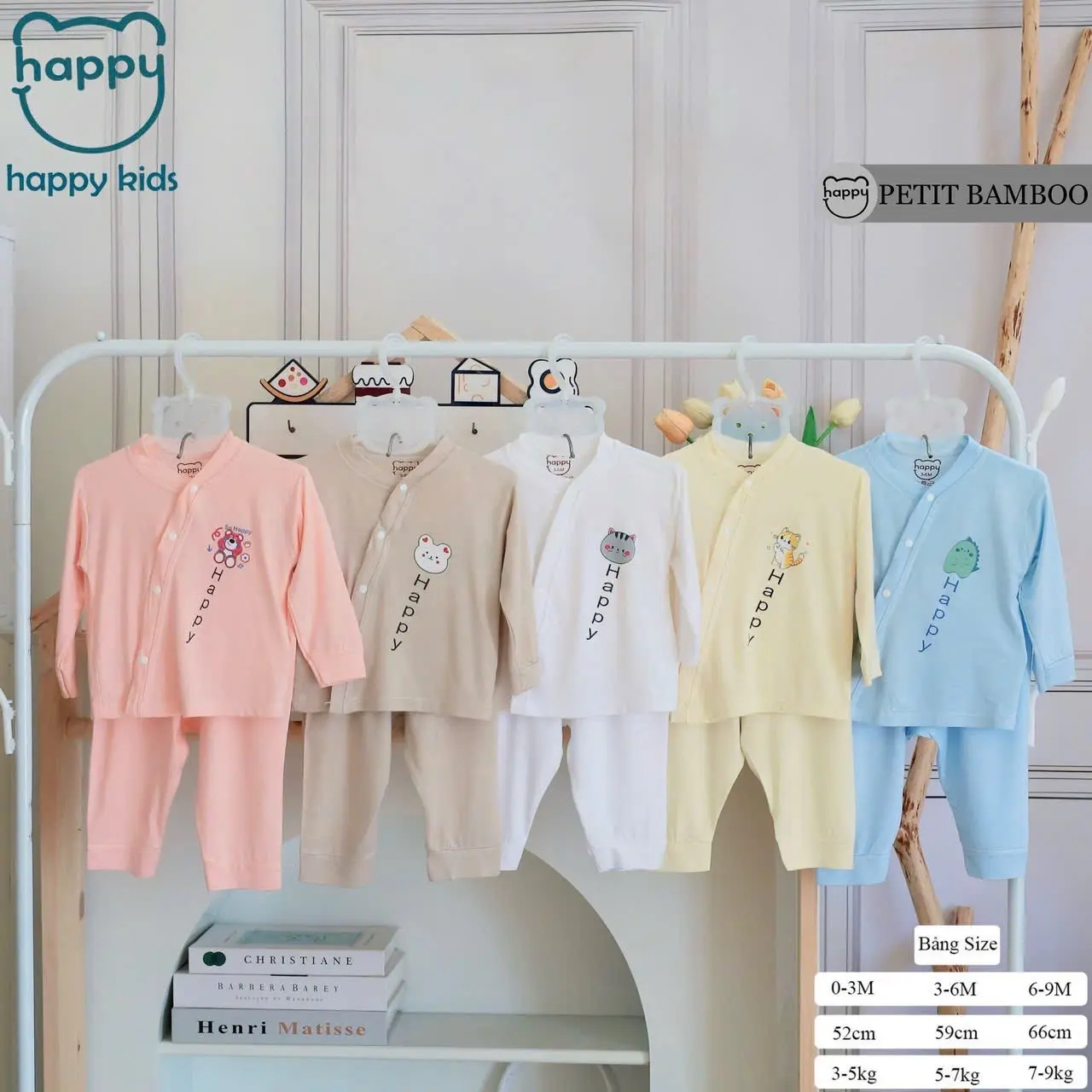 Bộ quần áo dài tay khuy bấm Happy Kids vải petit mềm mịn co giãn 4 chiều màu cho bé sơ sinh 0-9 tháng