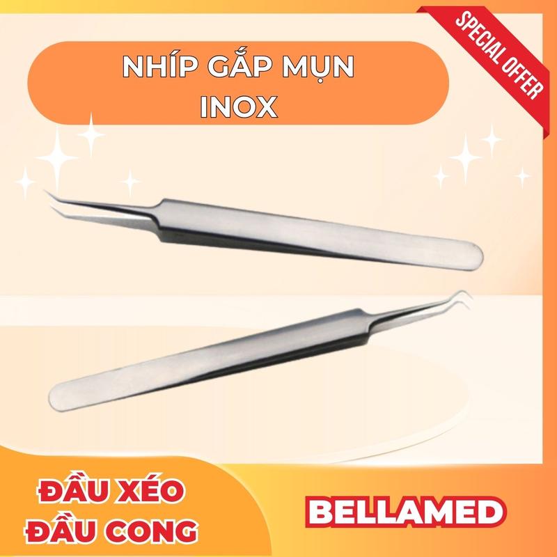 Nhíp gắp mụn BellaMed đầu xéo và đầu cong bằng inox