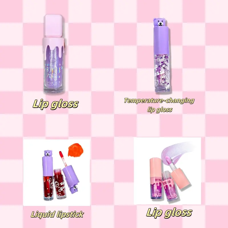 Cartoon Bear Pattern Lip Gloss Set, 4 Counts/set Glitter Lip Glaze, Long Lasting Lipstick, for All Occasions Lip Makeup, Girls Makeup Accessories, Cosmetic 5