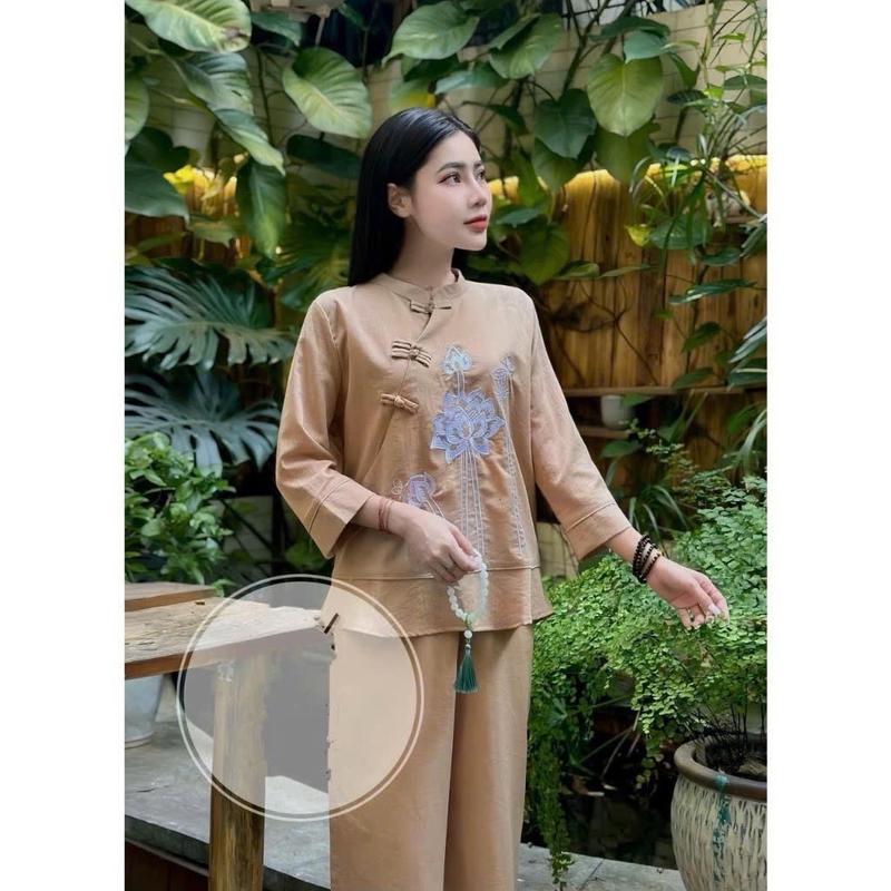 M175-Bộ lam cổ tàu thêu hoa sen quần có túi chất vải đũi Nữ - Women 1