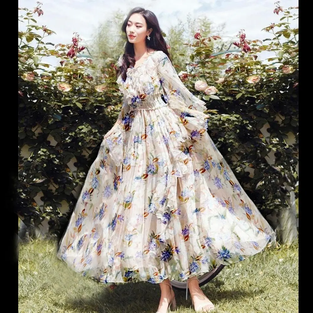 Gaun Ashley Gaun Panjang Wanita Motif Bunga Gaun Floral Ala Korea