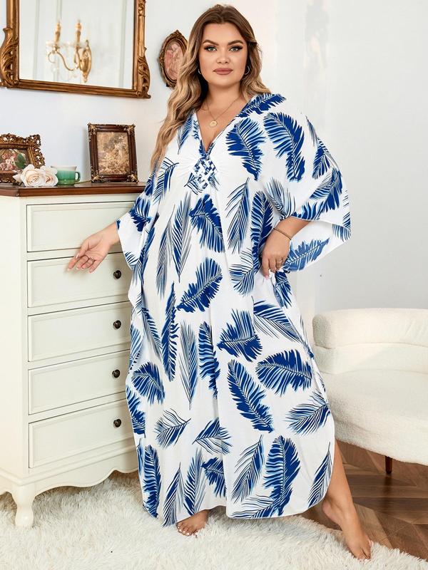 【Plus Size】 All Over Print V Neck Dress, Casual Split Hem Batwing Sleeve Long Dress for Spring & Fall, Women's Clothes for Daily Wear, Dresses for Women, Plus Size Dresses, Wedding Guest Dress 6