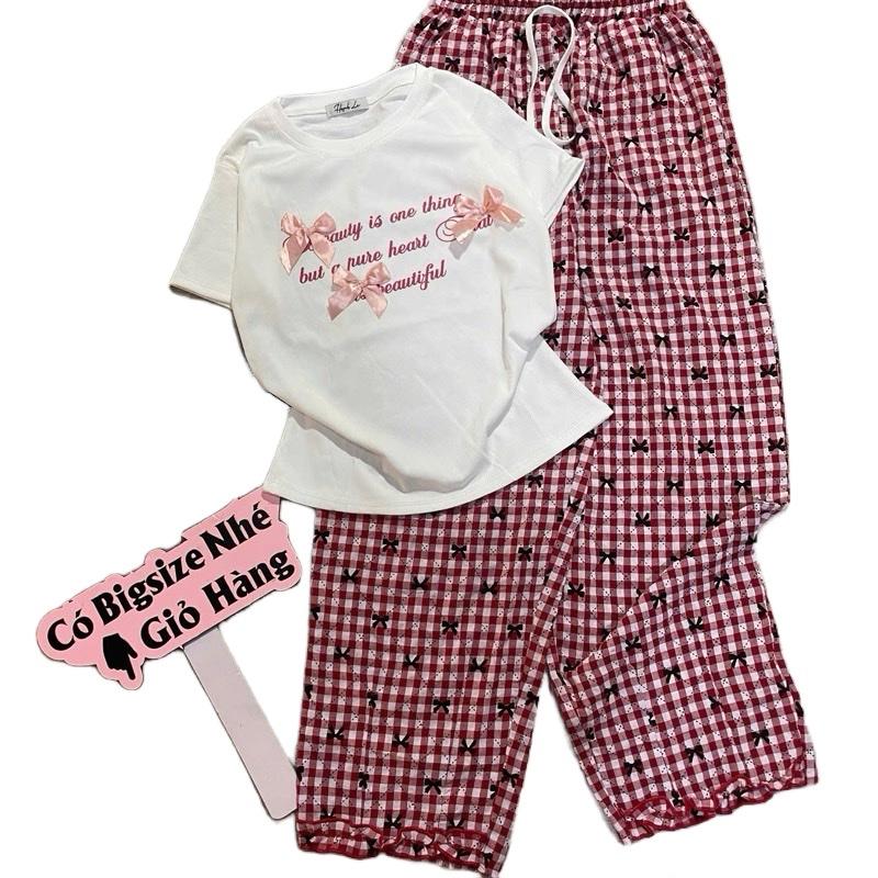 LIVE S80. có bigsize . bộ đồ áo cổ tròn tay ngắn thun gân thêu nơ+. Quần baggy lai bèo in full nơ nhí Nữ Top bộ quần kẻ caro