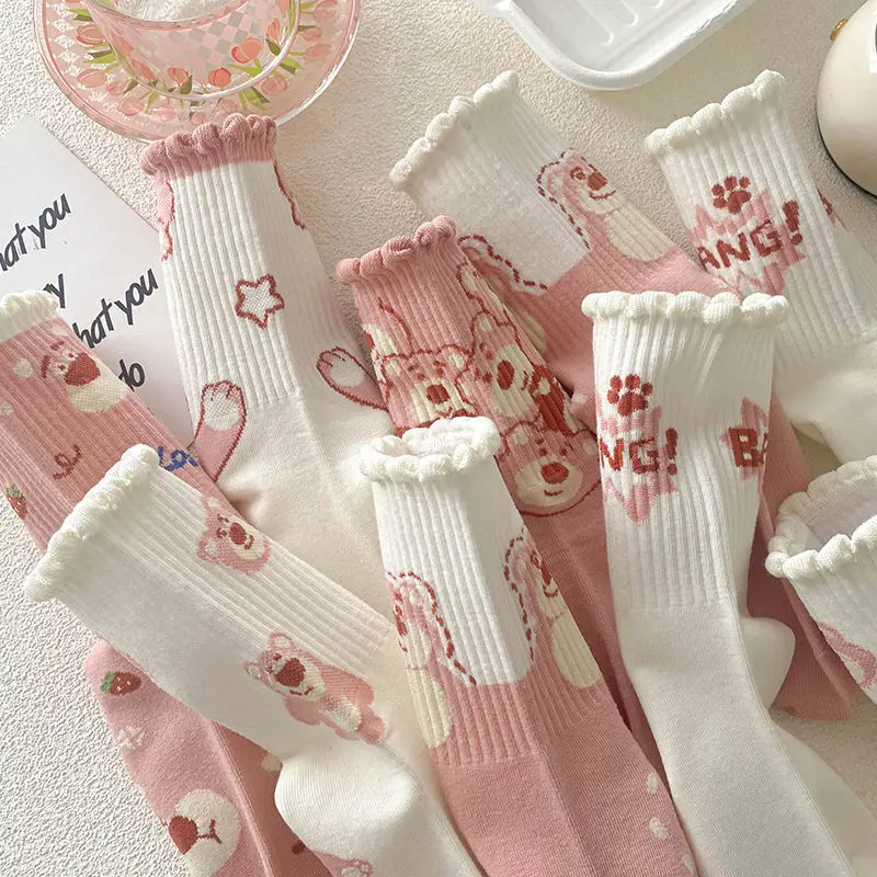 1pc Pink Socks Women's Tube Instagram Tide All The Autumn and Winter Korean Cute Bear Sweet All The Student Sports Stockings