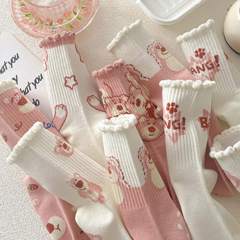 Tất Màu Hồng, Ống Nữ, Hợp Xu hướng Instagram, Tất Cả Mùa Thu Và Mùa Đông, Phong Cách Hàn Quốc, Thiết Kế Hình Gấu Dễ Thương Và Ngọt Ngào Thích Hợp Cho Học Sinh Và Thể Thao, 1 Chiếc 0