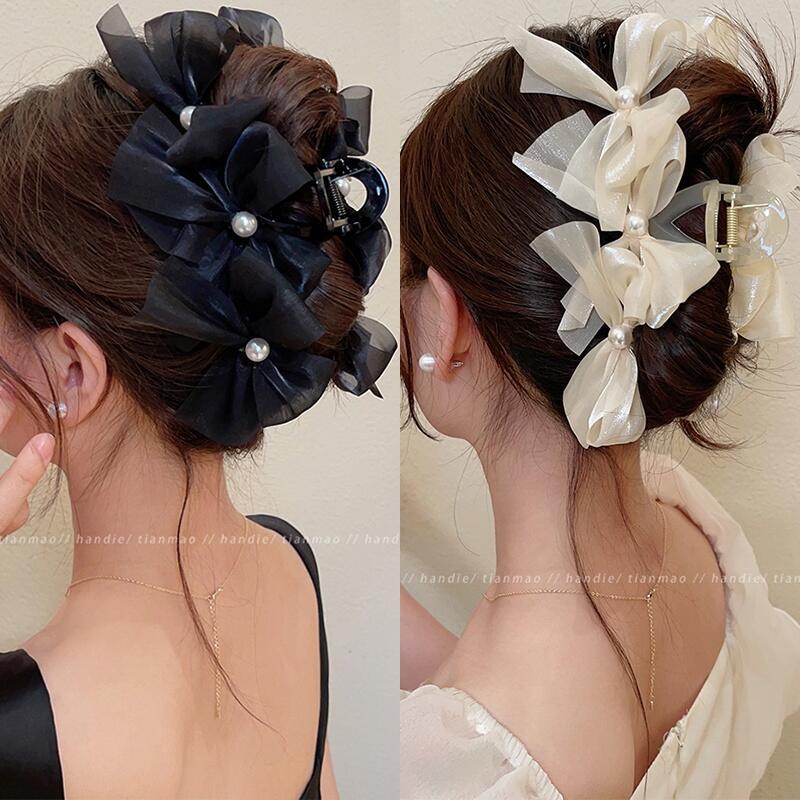 Product Introduction of Korean Fashion Pearl Mesh Claw Girl Back of Head Hair Clip for Women Bow Hairpin 0