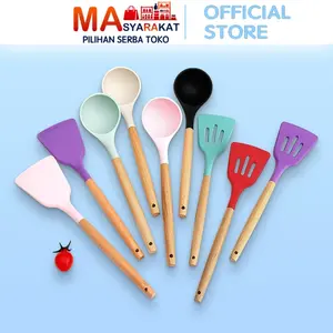 Masyarakat Pilihan Spatula Silikon Alat Masak Sodet Lubang Penyaring Minyak Tahan Panas Gagang Kayu Perlengkapan Dapur Tumis Goreng Slotted Turner Warna Warni Bahan Berkualitas Tahan Suhu 230C