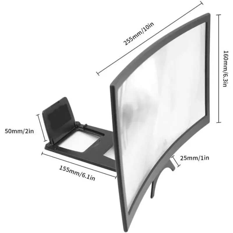 Kính lúp màn hình điện thoại, 12 inch, 3D HD, kính lúp màn hình phim, với thiết kế bề mặt cong, chân đế điện thoại 4