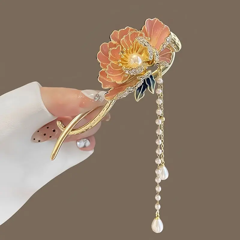 Elegant Ancient Style Peony Flower Tassel Hair Clip