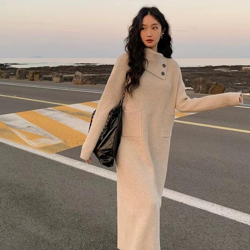 Váy len dệt kim dài kiểu dáng mỏng thích hợp cho mùa thu và mùa đông giặt bằng nước lạnh 【 đá quý đen váy thường mặc