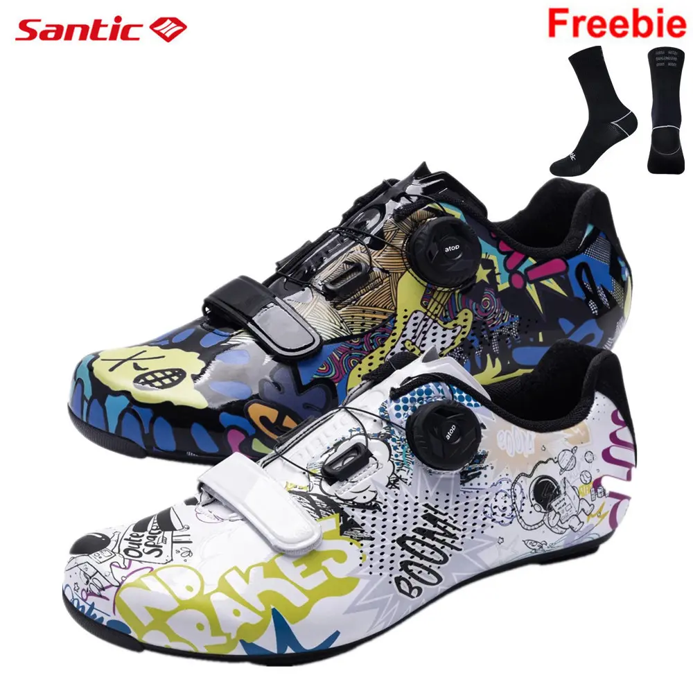 Santic Cycling Shoes Men Women Breathable Anti-skid Printed Road Cleats Locking Bike Sneakers S22036