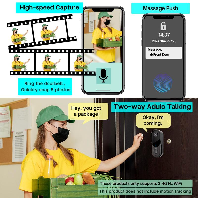 Smart Camera Doorbell, 2.4G Hz WiFi Smart Visual Doorbell with 2 USB Chime, High Speed Capture Waterproof Camera Doorbell with Two-way Voice Call 7