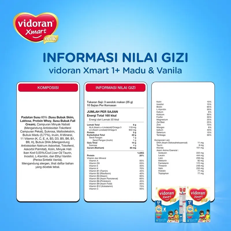Vidoran Xmart 1+ Vanila / Madu 925gr Susu Formula Pertumbuhan Anak 1-3 Tahun [1 Box] 2