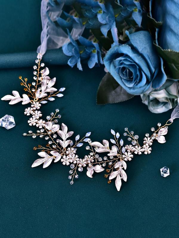 Women's Elegant Rhinestone Decorated Headwear,  Exquisite Trendy Flower & Leaf Design Headwear, Fashionable Hair Accessories for Wedding Party 6
