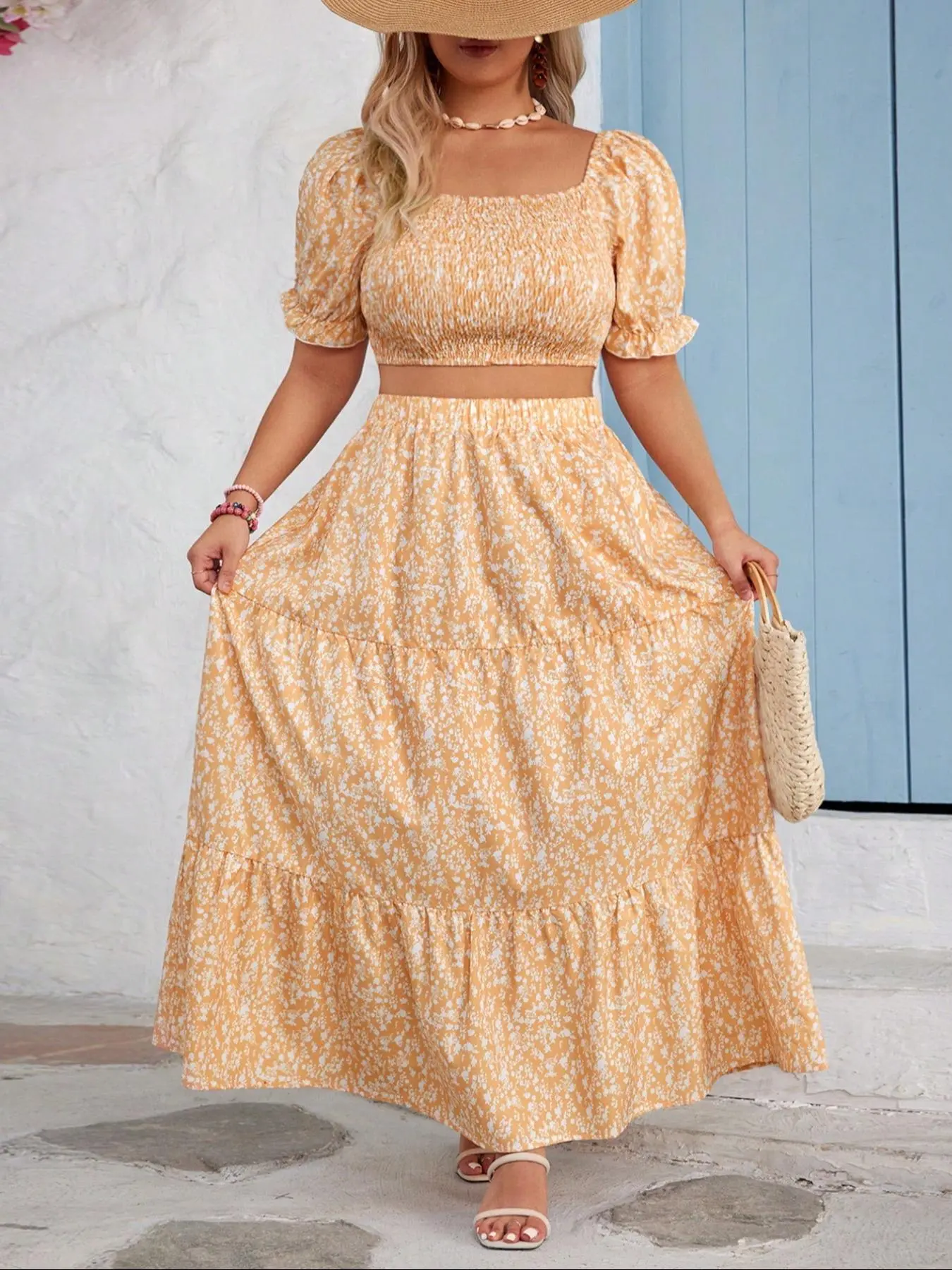 【Plus Size】 Two-Piece Set Ditsy Floral Print Puff Sleeve Crop Top & Ruffle Hem Skirt, Boho Fashion Casual Top & Skirt for Daily Holiday Vacation Wear, Women's Two-piece for Summer, Clothes
